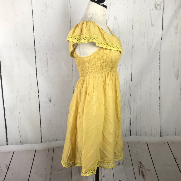 Avec Mustard Yellow Smocked Pom Boho Peasant Tunic Top Women Sz S - Picture 2 of 5